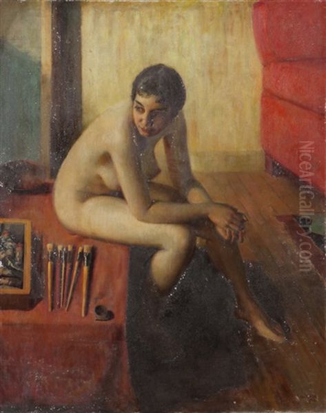 Model Seated In The Artist's Studio Oil Painting by Geza Kende