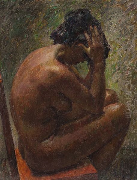 Seated Black Nude Oil Painting by Geza Kende