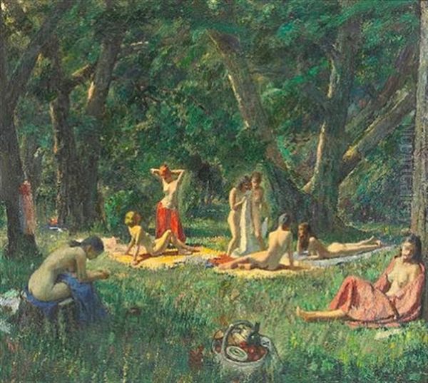 Nudes In A Forest Clearing Oil Painting by Geza Kende