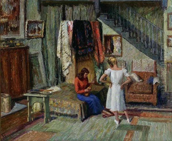 Models In The Studio Oil Painting by Geza Kende