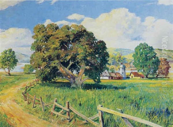 A Farm In A River Valley Oil Painting by Geza Kende