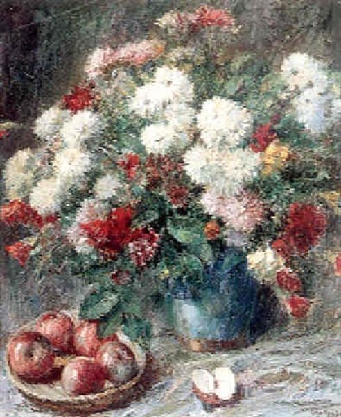 Still Life With Mums And Apples Oil Painting by Geza Kende