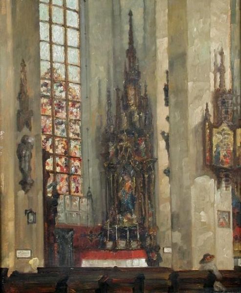 The Interior Of A Cathedral With A Stained Glass Window And Decorated Font Oil Painting by Max Baumann