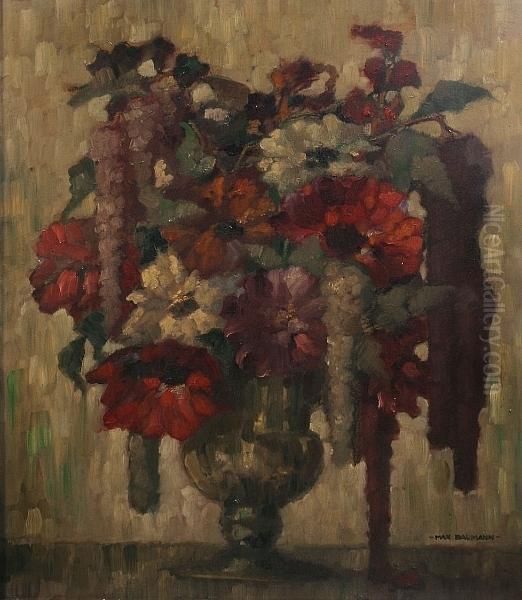 Still Life Of Flowers In A Vase, 'max Baumann' Oil Painting by Max Baumann