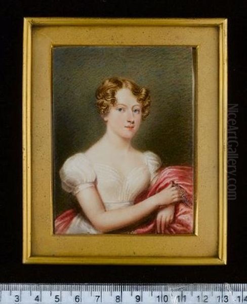 A Lady, Wearing White Dress With Short Puff Sleeves And Cerise Cloak With Embroidered Trim Oil Painting by Emma Eleonora (Eleanor) Kendrick