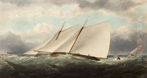 Yachts Racing Off Dublin Bay With A Paddle Steamer In The Distance Oil Painting by Matthew Kendrick