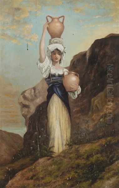 Young Woman With Flowers At A Grotto Oil Painting by Charles Napier Kennedy