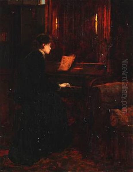 Interior With A Woman Playing The Piano Oil Painting by Charles Napier Kennedy