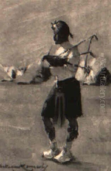 A Scot Playing Bagpipes Oil Painting by William Kennedy