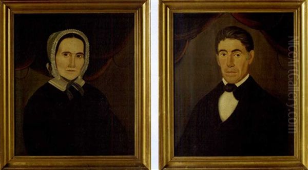 Portrait Of A Woman In Front Of Red And Black Swagged Drapery (+ Portrait Of A Man In Front Of Red And Black Swagged Drapery; Pair) Oil Painting by William W. Kennedy