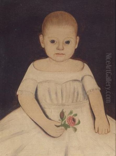 A Portrait Of A Little Girl In A White Dress Holding A Rose Oil Painting by William W. Kennedy