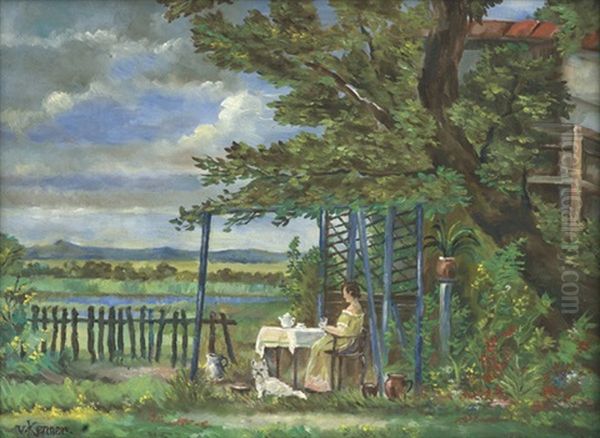 Gartenidylle Mit Sitzender Frau Und Weisem Hundchen by Anton Josef Ritter von Kenner