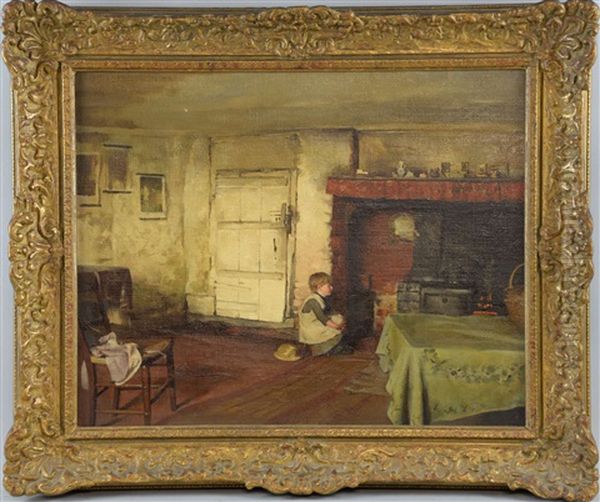 Victorian Cottage Interior With A Child Gazing At A Kitchen Stove Oil Painting by Thomas Benjamin Kennington