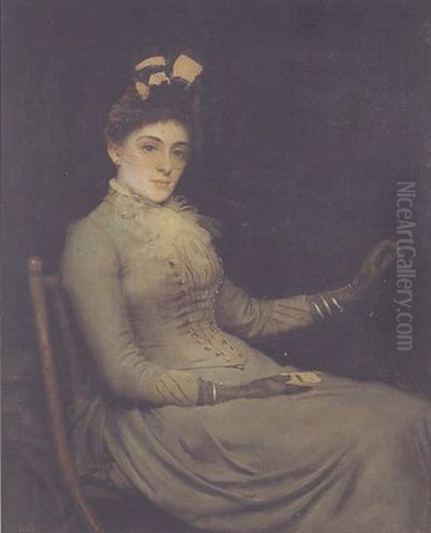 Portrait Of Elise Kennington, The Wife Of The Artist, Wearing A Veil And Two Silver Snake Bracelets Oil Painting by Thomas Benjamin Kennington