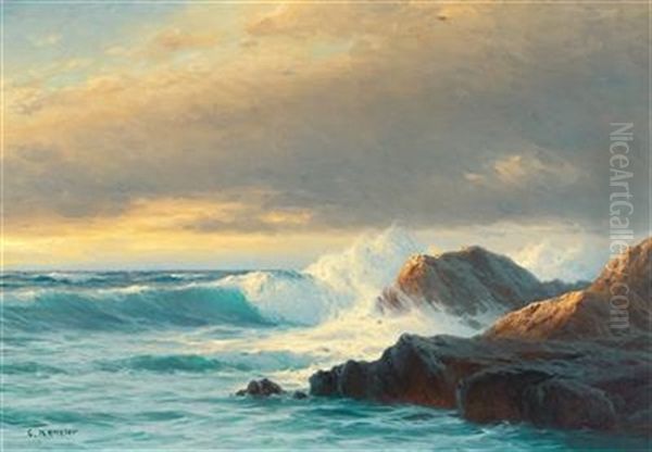 Breakers On The Coast At Sunset Oil Painting by Carl Kenzler