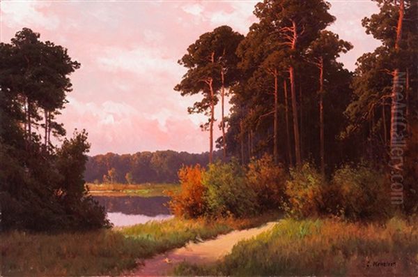 Abendliche Waldlandschaft Mit Spiegelndem Teich Oil Painting by Carl Kenzler