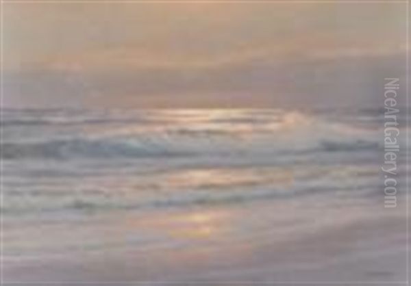 Waves Breaking On A Beach At Sunrise, Sea Birds Nearby Oil Painting by Carl Kenzler