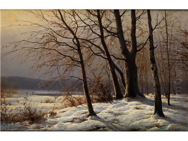 Winterliche Waldlandschaft Mit Jungen Baumen Am Waldrand Oil Painting by Carl Kenzler