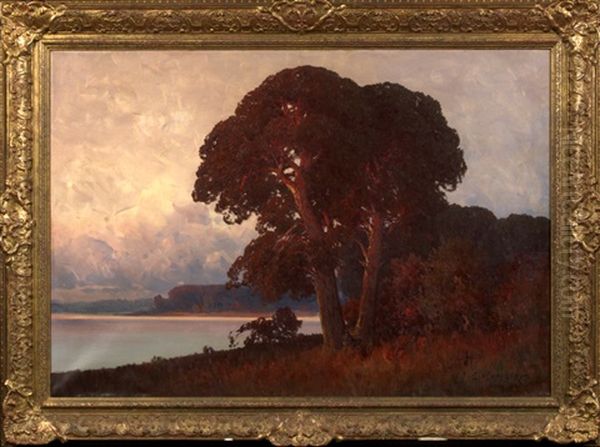 River Landscape At Sunset Oil Painting by Carl Kenzler