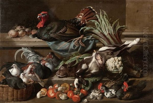 Poules Et Legumes Sur Des Entablements Oil Painting by Jaques van de Kerckhove