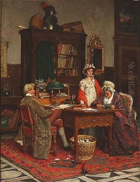 Interior With A Couple And A Girl Oil Painting by Jean van de Kerckhove