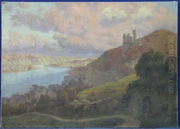 Mosel- Oder Rheinlandschaft Mit Dorf Am Ufer Oil Painting by Hermann Baumeister