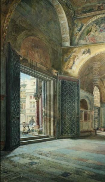 Blick Aus Der Vorhalle Der Basilika San Marco Auf Die Piazza Di San Marco In Venedig Oil Painting by Hermann Baumeister