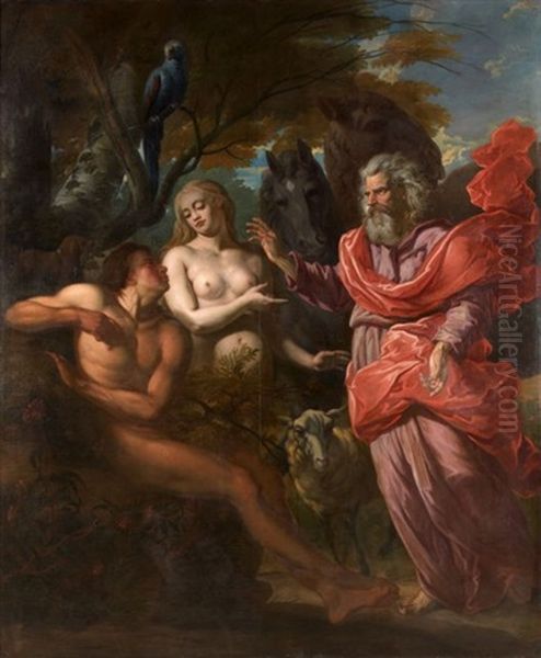 La Creation D'adam Et Eve, Dieu Reprimandant Adam Et Eve (pair) (+ Adam Et Eve En Priere; 3 Works) Oil Painting by Joseph van den Kerckhove