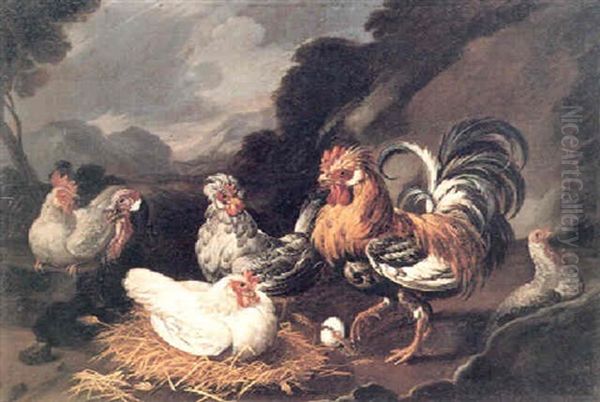 Roosters, Chickens And A Turkey In A Landscape Oil Painting by Joseph van den Kerckhove