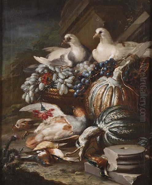 Natura Morta Con Meloni, Uva E Colombe Oil Painting by Jacob van der Kerckhoven