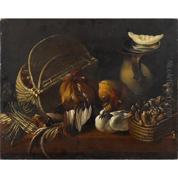 Roosters With Baskets And Earthenware Vessel Oil Painting by Jacob van der Kerckhoven