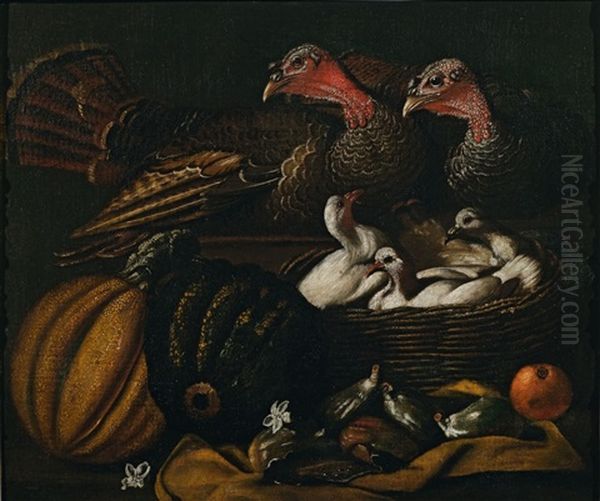 Still Life With Two Turkeys, Pidgeons, Pumpkins And Figs Oil Painting by Jacob van der Kerckhoven