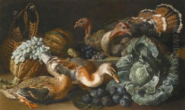 A Still Life Of Ducks, Turkeys, Melons, Figs, Grapes And A Cabbage On A Stone Ledge Oil Painting by Jacob van der Kerckhoven