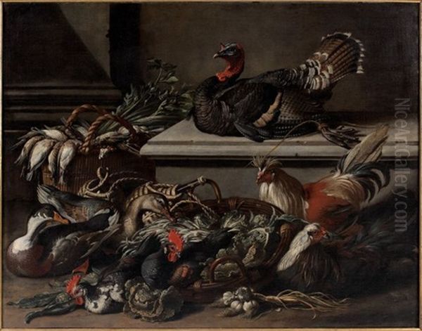 Coqs, Poules, Canard Et Dindon Dans Une Basse-cour Oil Painting by Jacob van der Kerckhoven