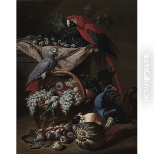 Still Life With Two Parrots, A Guinea Pig, A Basket Of Fruit And Fowl Oil Painting by Jacob van der Kerckhoven