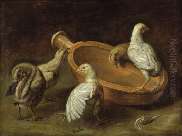 Zwei Huhner Und Drei Kuken An Einem Futternapf Oil Painting by Jacob van der Kerckhoven