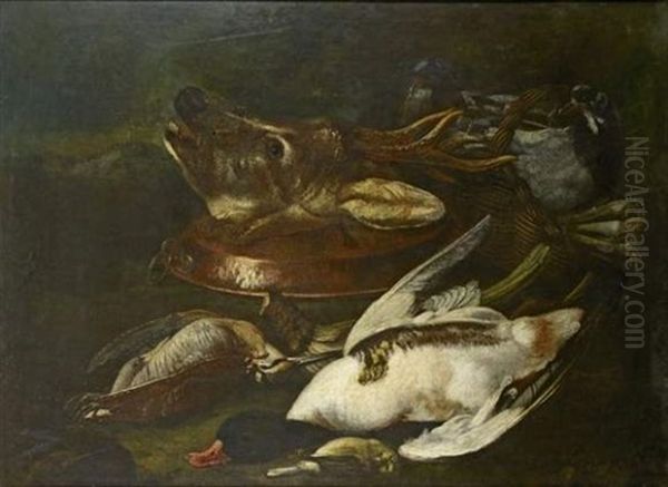 Tete De Brocart, Canard Et Poireaux Oil Painting by Jacob van der Kerckhoven