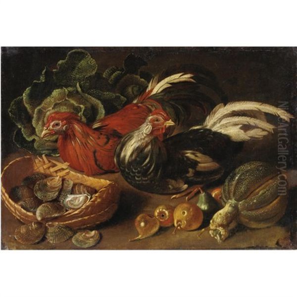 Natura Morta Con Due Galline, Frutta, Verdura E Un Cesto Di Vongole Oil Painting by Jacob van der Kerckhoven