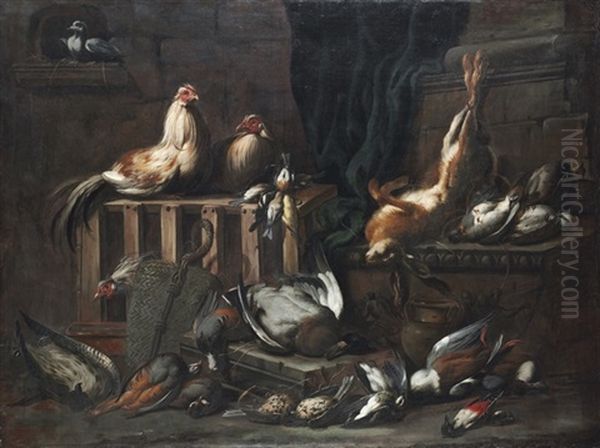 A Dove, Cockerels, Hare, Duck, Woodpecker And Other Game Birds Oil Painting by Jacob van der Kerckhoven