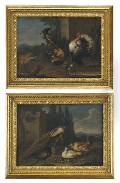 A Peacock, A Peahen, A Hen And A Cockerel With Chicks (+ A Turkey, A Cockerel And A Peacock Near A Water Tray With A Fox; Pair) Oil Painting by Jacob van der Kerckhoven