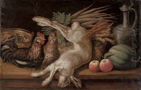 A Hare, Two Hens, Apples, A Melon, Carrots And Turnips In A Woven Basket And A Bucket Of Fish On A Table Oil Painting by Jacob van der Kerckhoven