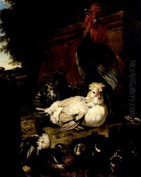 Coq, Poules Et Canards Au Pied D'une Stele Oil Painting by Jacob van der Kerckhoven