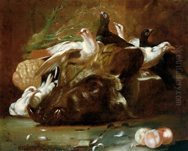 Natura Morta Con Uccelli E La Testa Di Un Cinghiale Oil Painting by Jacob van der Kerckhoven