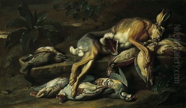 Volatile, Un Papagallo E Porcellini D'india In Un Paese (+ Natura Morta Di Caccia; Pair) Oil Painting by Jacob van der Kerckhoven