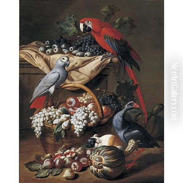 Still Life With Two Parrots, A Guinea Pig, A Basket Of Fruit And Fowl Oil Painting by Jacob van der Kerckhoven