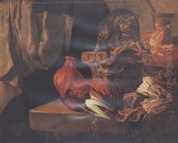 Still Life With Meat And Vegetables On A Ledge, With A Cat And A Cockerel Oil Painting by Jacob van der Kerckhoven