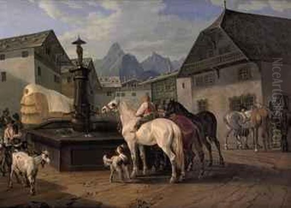 Figures And Animals Gathered Around Der Maria Springbrunnen Oil Painting by Johann Wilhelm Baumeister