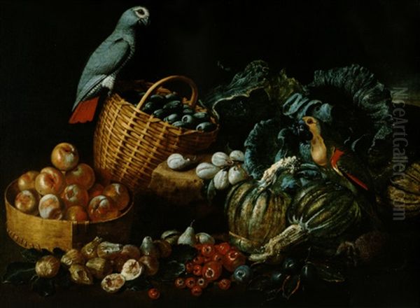 Natura Morta Con Frutta, Verdura E Due Papagalli Oil Painting by Jacob van der Kerckhoven