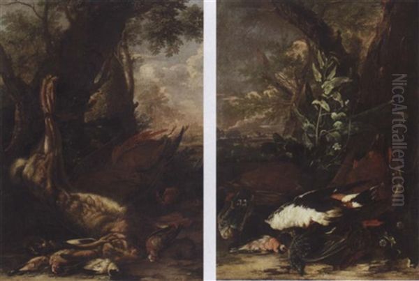 A Still Life With A Duck, Nightingales And A Finch In A Landscape Oil Painting by Jacob van der Kerckhoven