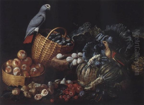 Natura Morta Con Frutta, Verdura E Due Papagalli Oil Painting by Jacob van der Kerckhoven